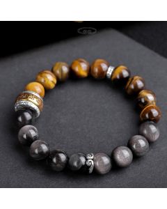 Buddha Stones Natural Silver Sheen Obsidian Tiger's Eye Six True Words 'Om Mani Padme Hum' Strength Bracelet - 10mm Silver Sheen Obsidian Om Mani Padme Hum(Wrist Circumference: 16-17cm)