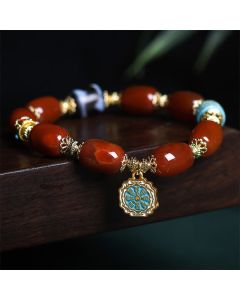 Buddha Stones Natural South Red Agate Bagua Dzi Bead Power Bracelet - South Red Agate & Bagua (Wrist Circumference: 15-18cm)