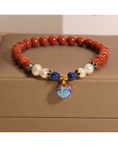Buddha Stones Natural South Red Agate Pearl Peace Lock Charm Positive Bracelet - South Red Agate Elephant(Wrist Circumference: 18cm)