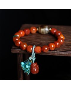 Buddha Stones Natural South Red Agate Pixiu Dzi Bead Fortune Luck Bracelet - South Red Agate & PiXiu (Wrist Circumference: 15-18cm)