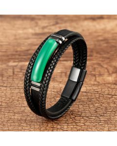 Buddha Stones Natural Stone Green Agate Power Multilayered Braided Leather Bracelet - Hematite / 23cm