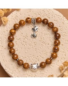 Buddha Stones Natural Stone Kitten Cat Head Protection Bracelet - 15-16cm