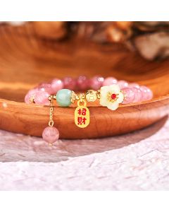 Buddha Stones Natural Strawberry Quartz Blossom Fu Character Positivity Healing Bracelet - Strawberry Quartz(Wrist Circumference: 14-17cm)