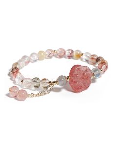 Buddha Stones Natural Strawberry Quartz Cat Paw Claw Colorful Rutilated Quartz Moonstone Love Bracelet - Strawberry Quartz&Colorful Rutilated Quartz
