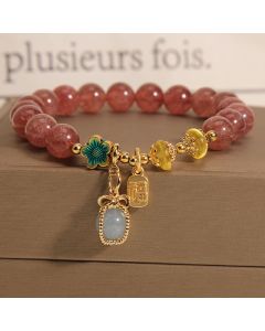 Buddha Stones Natural Strawberry Quartz Crystal Aquamarine Fortune Brand Love Bracelet - Strawberry Crystal Aquamarine Fortune brand(Wrist Circumference: 14-16cm)
