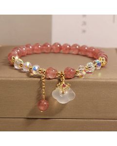 Buddha Stones Natural Strawberry Quartz Crystal White Agate Auspicious Cloud Healing Bracelet - Strawberry Quartz(Wrist Circumference 14-16cm)