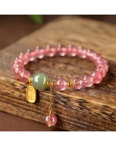 Buddha Stones Natural Strawberry Quartz Fu Character Jade Positive Healing Bracelet - Strawberry Crystal (Wrist Circumference: 14-16cm)