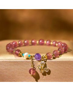 Buddha Stones Natural Strawberry Quartz Green Strawberry Quartz Butterfly Charm Love Bracelet - Green Strawberry Quartz(Wrist Circumference 14-16cm)
