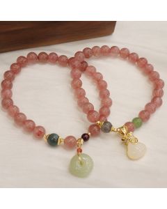 Buddha Stones Natural Strawberry Quartz Jade Peace Buckle Coin Purse Healing Bracelet - Strawberry Crystal Peace Buckle Bracelet(Wrist Circumference: 14-16cm)