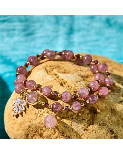 Buddha Stones Natural Strawberry Quartz Love Healing Maple Leaf Charm Double Wrap Bracelet - Strawberry Quartz(Love♥Healing) Bead Size 6mm