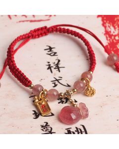 Buddha Stones Natural Strawberry Quartz Money Bag Lotus Healing Charm Red String Braided Bracelet - Strawberry Quartz(Love♥Healing)(Wrist Circumference 14-19cm)