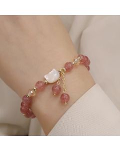 Buddha Stones Natural Strawberry Quartz Morganite Tridacna Stone Cat Love Bracelet - Morganite Tridacna Stone Cat(Wrist Circumference 12-14cm)