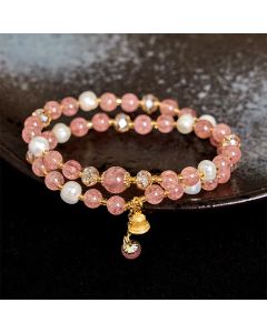 Buddha Stones Natural Strawberry Quartz Pearl Bell Healing Double Wrap Bracelet - Strawberry Quartz(Wrist Circumference 14-15cm)