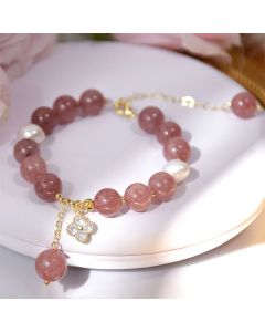 Buddha Stones Natural Strawberry Quartz Pearl Four Leaf Clover Love Bracelet - Strawberry Quartz(Love♥Healing)