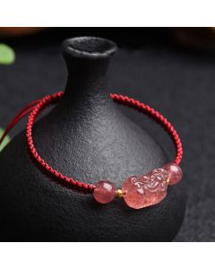 Buddha Stones Natural Strawberry Quartz PiXiu Lucky Red String Bracelet - Strawberry Quartz(Wrist Circumference 14-20cm)