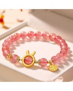 Buddha Stones Natural Strawberry Quartz Rabbit Fu Character Charm Love Bracelet - Strawberry Quartz(Wrist Circumference 14-16cm)