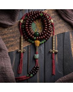 Buddha Stones Natural Tibet 108 Mala Beads Purple Bodhi Seed Hetian Cyan Jade Copper Dorje Peace Bracelet - Non-Elastic Cotton Rope / 9mm