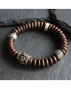 Buddha Stones Natural Tibetan Coconut Shell Om Mani Padme Hum Positive Bracelet - Brown Coconut Shell&White Silver / 18-20cm