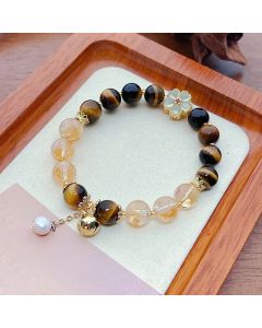 Buddha Stones Natural Tiger Eye Citrine Beads Flower Bell Courage Bracelet - Tiger Eye Citrine(Wrist Circumference: 15-17cm)