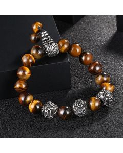 Buddha Stones Natural Tiger Eye Lava Rock Black Obsidian Titanium Steel Six-True-Words Om Mani Padme Hum Protection Bracelet - Black Obsidian(Wrist Circumference: 17-21cm)