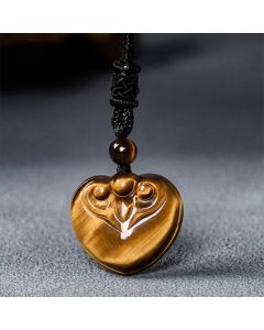 Buddha Stones Natural Tiger Eye Love Heart Pattern Protection Rope Necklace Pendant - Tiger Eye