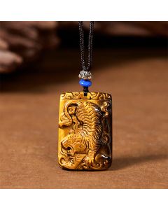 Buddha Stones Natural Tiger Eye Square Tiger Pattern Protection Rope Necklace Pendant - Tiger Eye