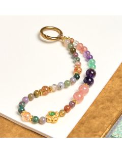 Buddha Stones Natural Tourmaline Strawberry Quartz Amethyst Positive Key Chain Phone Hanging Decoration - Tourmaline Amethyst Strawberry Quartz