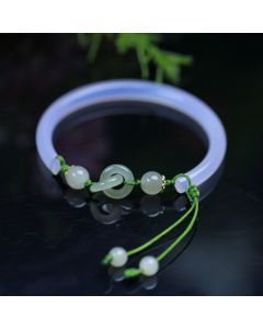 Buddha Stones Natural White Agate Hetian Jade Beads Interlocking Positive Bracelet Bangle - White Agate(Wrist Circumference: 14-17cm)