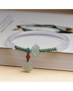 Buddha Stones Natural White Agate Hetian Jade Peace Buckle Auspicious Clouds Positive Bracelet Bangle - White Agate(Wrist Circumference: 14-17cm)