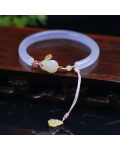 Buddha Stones Natural White Agate Hetian Jade Rabbit Positive Bracelet Bangle - White Agate(Wrist Circumference: 14-17cm)