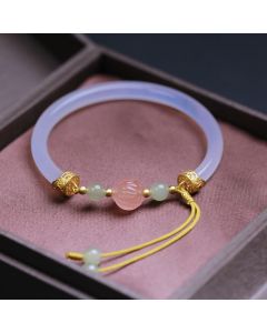 Buddha Stones Natural White Agate Lotus Hetian Jade Beads Positive Bracelet Bangle - White Agate(Wrist Circumference: 14-17cm)