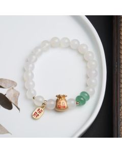 Buddha Stones Natural White Agate Red Agate Money Bag Fu Character Four Leaf Clover Protection Bracelet - Red Agate Money Bag