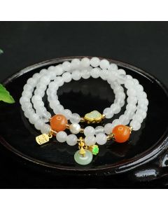 Buddha Stones Natural White Jade Multi-layer Gourd Peace Buckle Fu Character Luck Bracelet - White Jade(Wrist Circumference: 15-17cm)