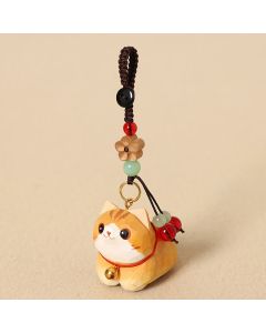Buddha Stones Natural Wood Hand-Carved Lying Cat Om Mani Padme Hum Peace Keychains - White Cat Om Mani Padme Hum
