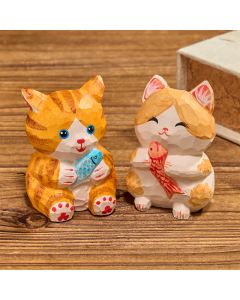 Buddha Stones Natural Wood Hand Painted Lucky Cat Wealth Cute Animal Decor - Orange Fish
