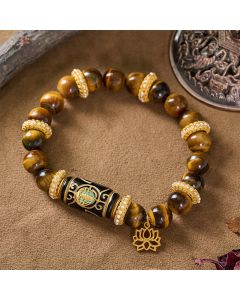 Buddha Stones Natural Yellow Tiger Eye Resin Barrel Bead Lotus Pendant Confidence Round Bead Bracelet - Yellow Tiger Eye (Wrist Circumference: 16–17 cm)