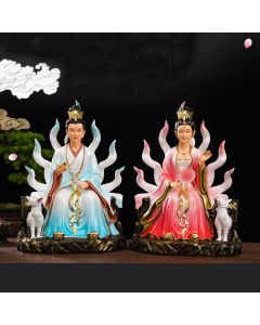 Buddha Stones Nine Tailed Fox Fairy Luck Protection Resin Home Decoration - White Male Nine-Tailed Fox