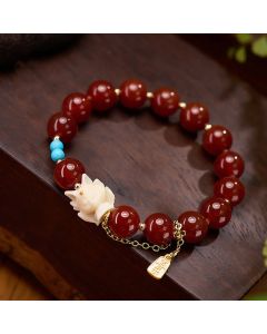 Buddha Stones Nine Tailed Fox Joy Red Agate Ivory Fruit Copper Plated Gold Confidence Bracelet - Red Agate(Wrist Circumference: 5.5-6.3in(14-16cm))