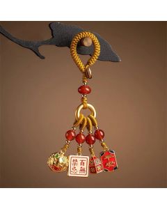 Buddha Stones Nothing to Be Superstitious Dancing Lion Copper Wealth Key Chain - Red(Nothing to Be Superstitious Charm)