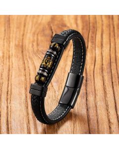 Buddha Stones Om Mani Padme Hum Dragon Symbol Black Onyx Leather Titanium Steel Balance Protection Bracelet - Black Onyx Mantra / 18-22cm
