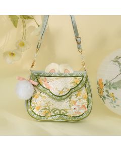 Buddha Stones Osmanthus Rabbit Embroidery Pearl Chain Furball Tassel Shoulder Bag Crossbody Bag - PaleGreen Osmanthus Rabbit Furball 25*18*4cm