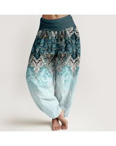 Buddha Stones Paisley Floral Gradient Design Women's Pure Cotton Elastic Waist Harem Pants - OliveDrab / US16，UK/AU20，EU48 (3XL)