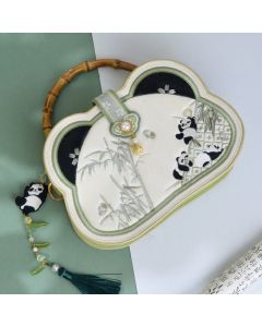 Buddha Stones Panda Bamboo Embroidery Pearl Chain Chinese Knot Tassel Crossbody Bag Handbags - White Panda Bamboo Chinese Knot Tassel Pearl Chain 19.5*16.5*5cm
