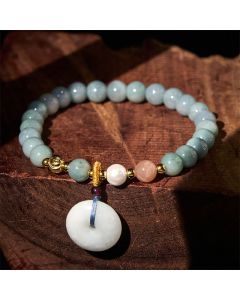 Buddha Stones Peace Buckle Jade Round Beaded Luck Auspicious Bracelet - Jade(Wrist Circumference: 14-16cm) / 6.8mm