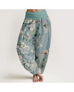 Buddha Stones Cotton Peach Blossoms Flying Geese Pattern Women's Elastic Waist Harem Pants - CornflowerBlue / US22，UK/AU26，EU54 (6XL)