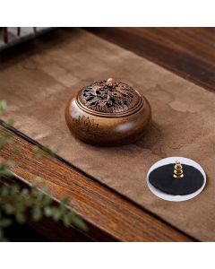Buddha Stones Peach Wood Dragon Phoenix Strength Round Incense Burner - Dragon Phoenix
