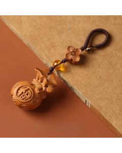 Buddha Stones Peach Wood Fu Character Lotus Lucky Pouch Wealth Charm Keychains - Plum Blossom Brown Rope