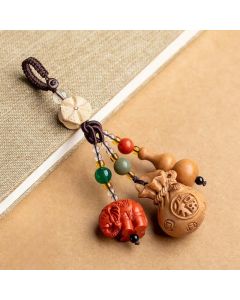 Buddha Stones Peach Wood Fu Character Money Bag Lucky Cinnabar Elephant Lotus Gourd Keychains - Peach Wood(Protection ♥ Purification)
