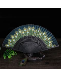 Buddha Stones Peacock Feather Handheld Bamboo Folding Fan 21.5cm - Coffee 21.5cm