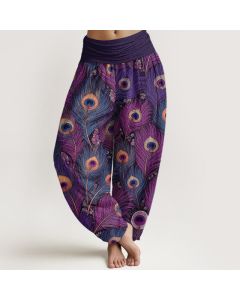Buddha Stones Peacock Feathers Pattern Pure Cotton Women's Elastic Waist Harem Pants - SteelBlue / US16，UK/AU20，EU48 (3XL)